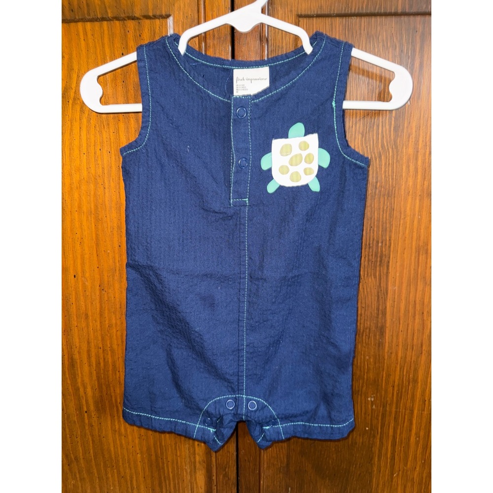 First Impressions Baby Boy Navy Blue Turtle Cotton Romper 0-3 Months Sleeveless